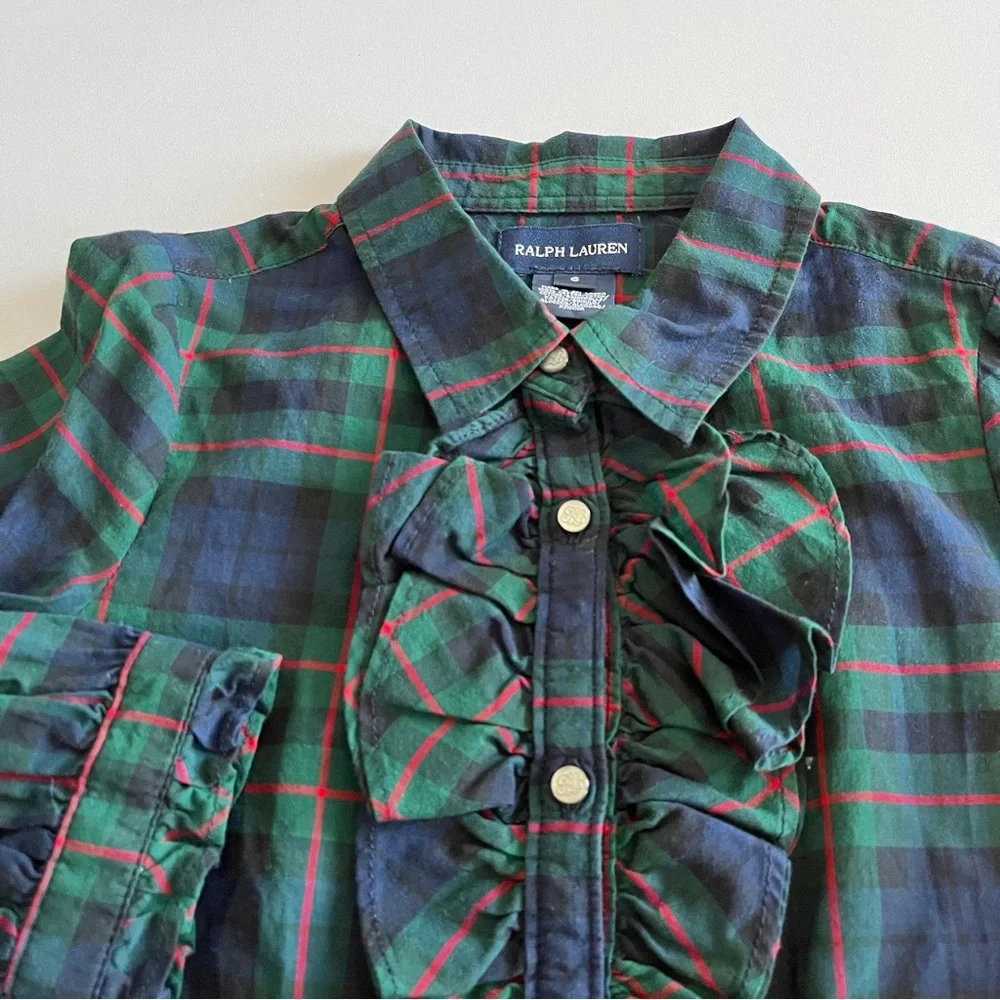 Ralph Lauren green red tartan plaid button front ruffle blouse girls 6 holiday